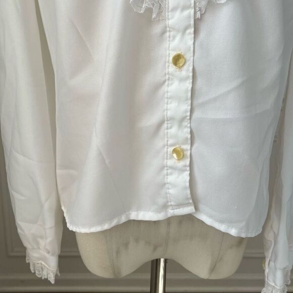 Vintage 70s 80s Mock Neck Ruffle Lace White Blouse S M - Picture 4 of 7